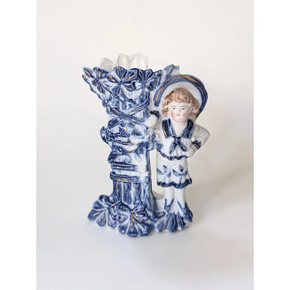 Antique German Mantel Vases Pair Boy Girl Blue White Porcelain Figurines‎ c1900